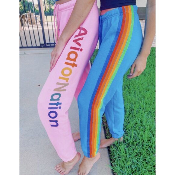 AVIATOR NATION 5 Stripe Sweatpant in Neon Blue & Neon Rainbow Size Small - Picture 1 of 12